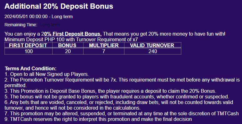 Addl 20% Deposit Bonus Details