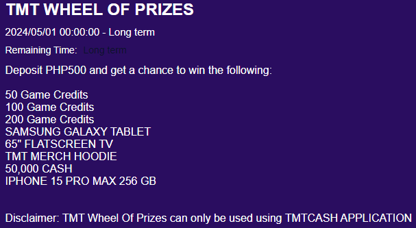 TMT Wheel of Prizes Details